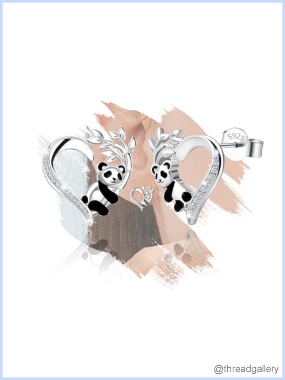 Sterling Silver Panda Stud Earrings Cubic Zirconia Hypoallergenic Gift for